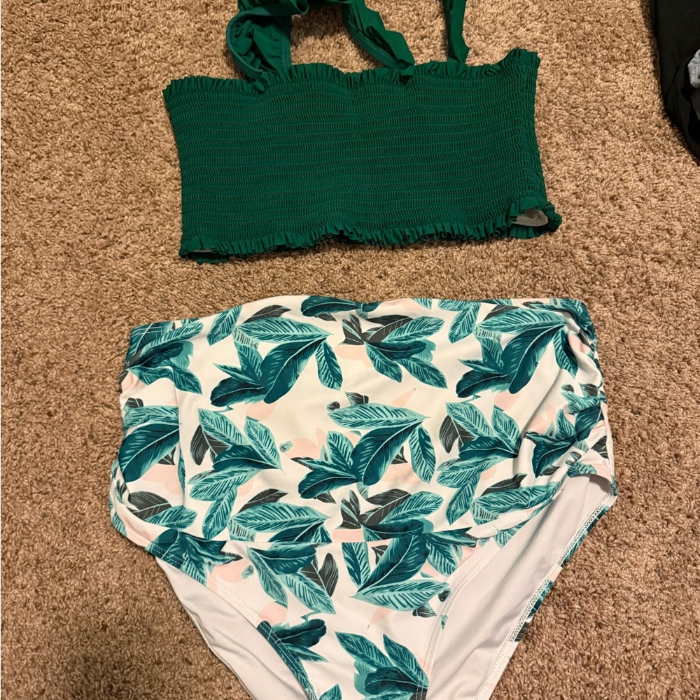 Green Smocked Maternity Bikini Top with Tropical Leaf High-Waist Bottoms